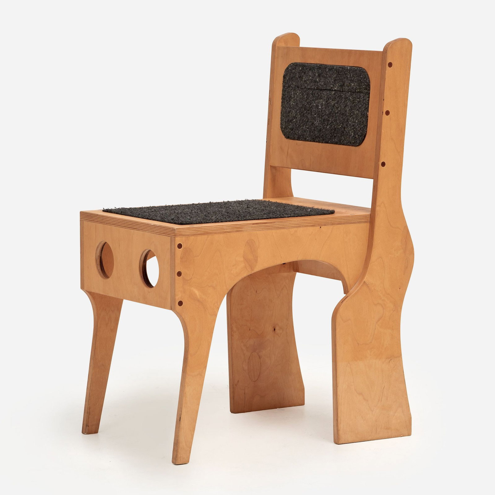 Post-Modern Plywood Chair (2001): A post-modern birch plywood chair with dowel joinery and felted upholstery. Marked "SGB 2001" to the underside. Measures 30" x 15 1/2" x 20 1/2".