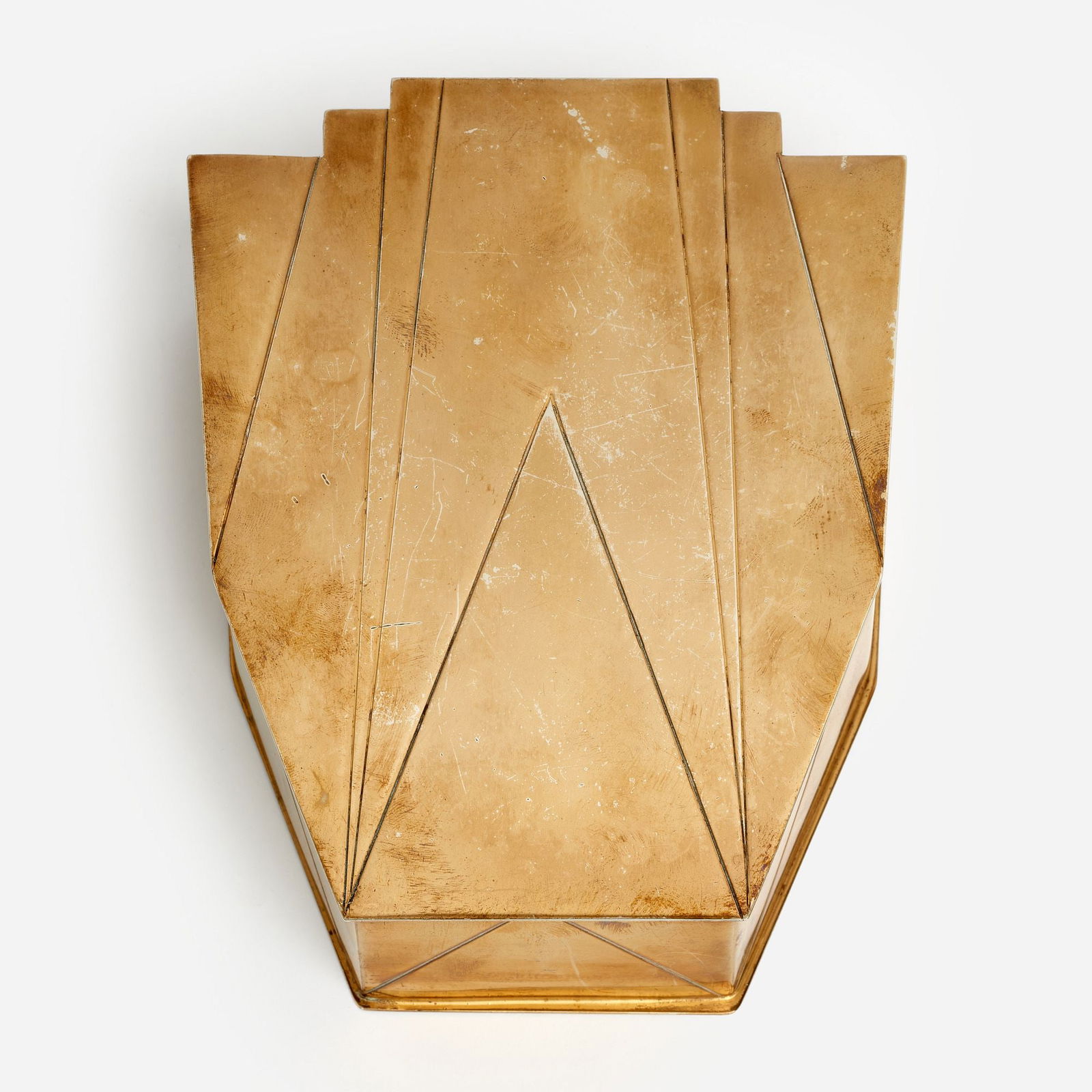 Louis Rice for Apollo Studios "Skyscraper" Vanity Box (1928): Louis Rice Skyscraper vanity box, Apollo Studios (New York) 1928 Brass patinated silver plate, velvet 1 3/4" x 5" x 6 1/2" A rare Art Deco period casket, the interior