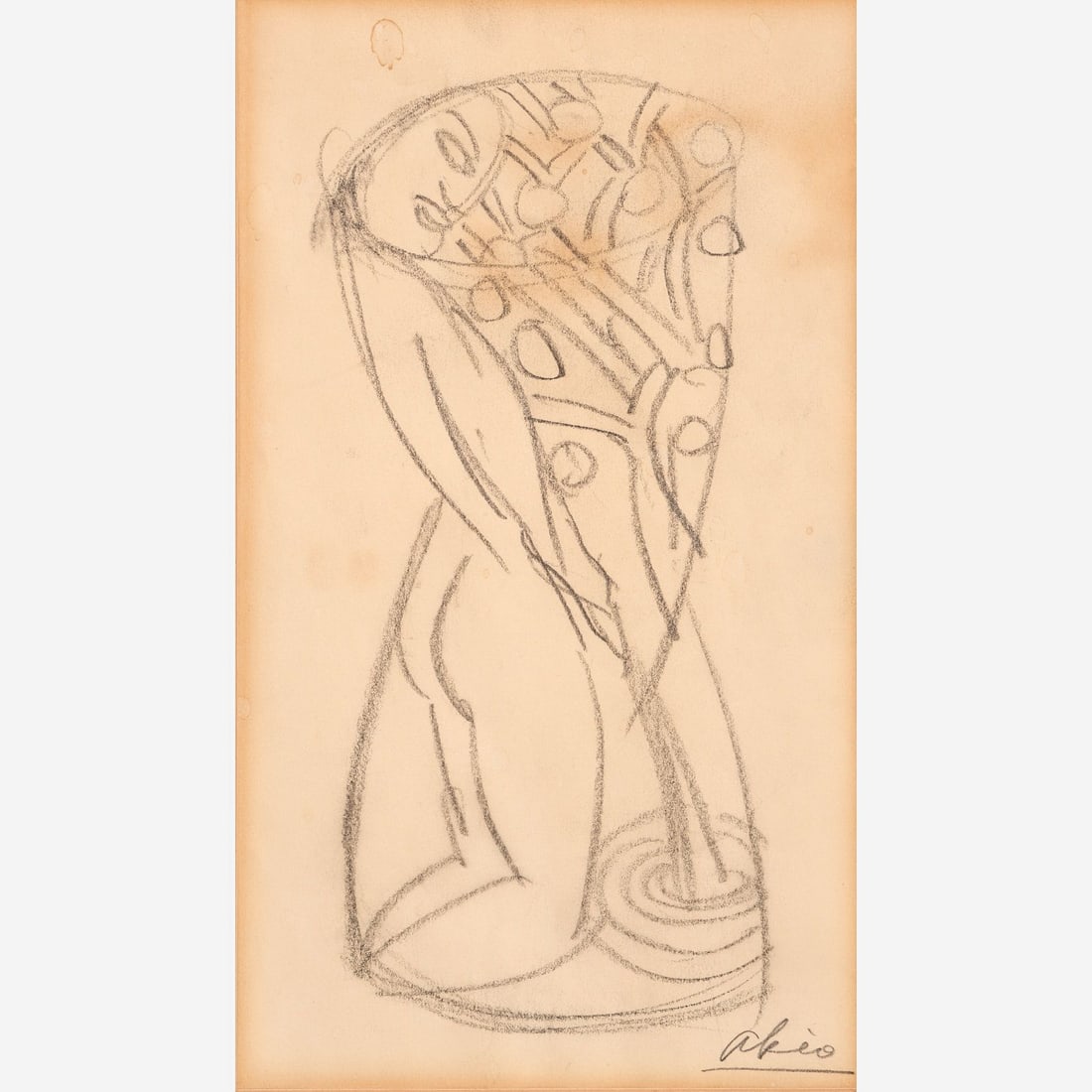 Akio Takamori Pencil Sketch: Akio Takamori (Japanese-American, 1950-2017) Study for a pottery piece, circa 1989 Graphite on paper 12 3/4" x 7 1/4" Signed to the bottom right. Housed in a glazed frame measur