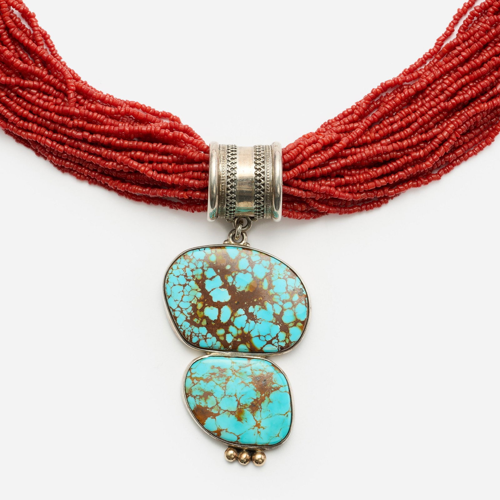Ron Wesley (Taos N.M.) Turquoise + Multistrand Coral Necklace (1 of 4)