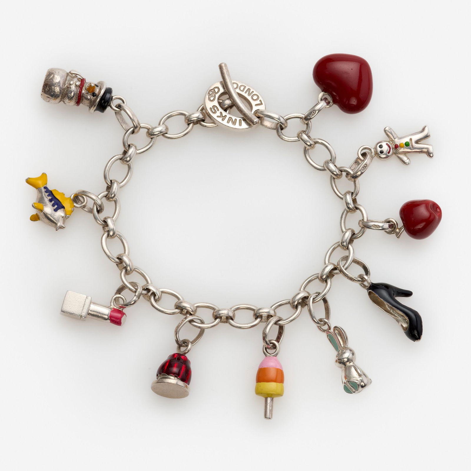Links Of London Sterling Charm Bracelet: Lipstick, High heel, Snowman, Apple etc. (1 of 4)