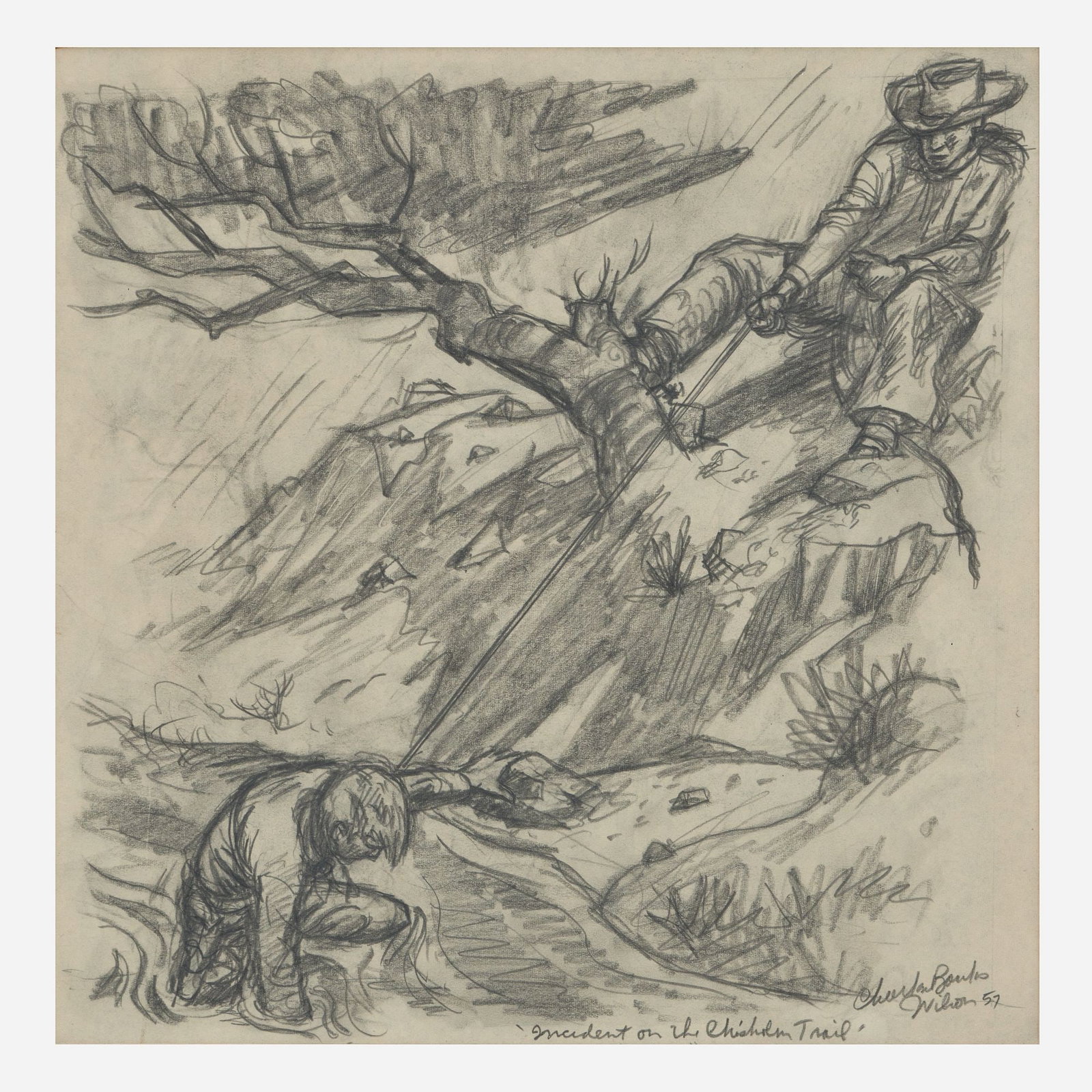 Charles Banks Wilson "Incident on the Chisholm Trail" (1957 Drawing): Charles Banks Wilson (Oklahoma, 1918-2013) Incident on the Chisholm Trail, 1957 Graphite on paper 9 3/4" x 9 3/4" Signed, dated, and titled to the bottom edge. Housed i