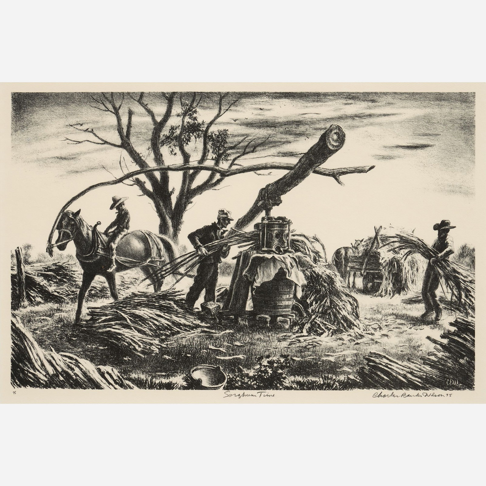 Charles Banks Wilson "Sorghum Time" (1975 Lithograph): Charles Banks Wilson (Oklahoma, 1918-2013) Sorghum Time, 1975 Lithograph on paper 10 3/4" x 17" (image) Pencil-signed, dated, titled, and numbered (edition of 75) to th