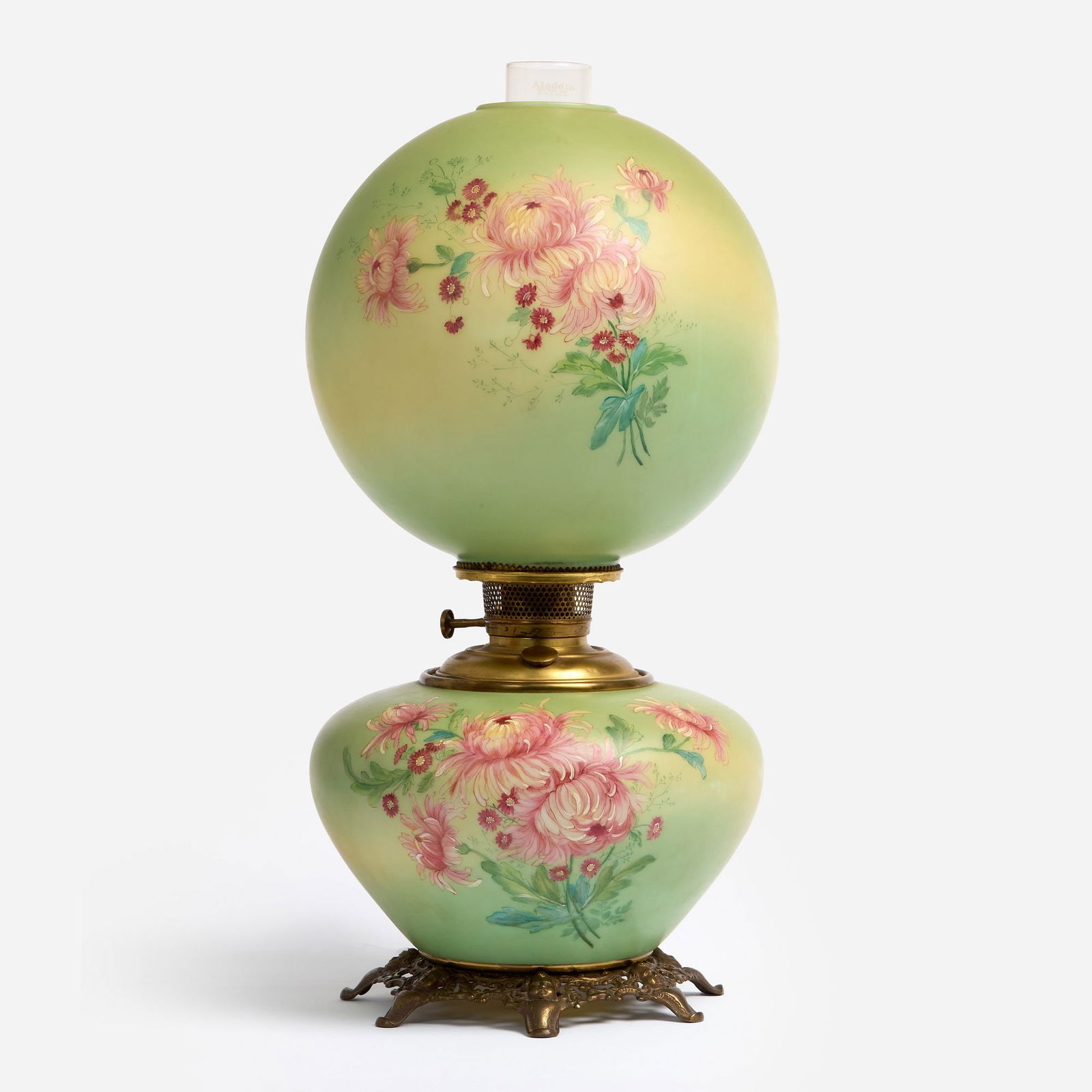 Antique "Gone with the Wind"-Style Parlor Lamp: A "Gone with the Wind"-style double globe lamp by American Lamp & Brass Co., circa 1900. Each globe is nicely hand-painted (front and back) with chrysanthemums. Aladdin glass hurric