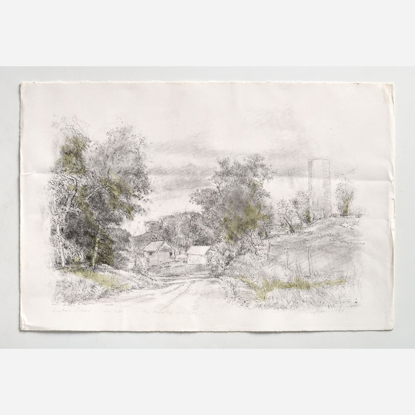 Robert Sudlow "Larken's Place" (1984 Lithograph): Robert Sudlow (Kansas, 1920-2010) Larken's Place, 1984 Lithograph on paper 12" x 18" (sheet) Hand-toned with watercolor wash. Pencil-signed, dated, and titled to th