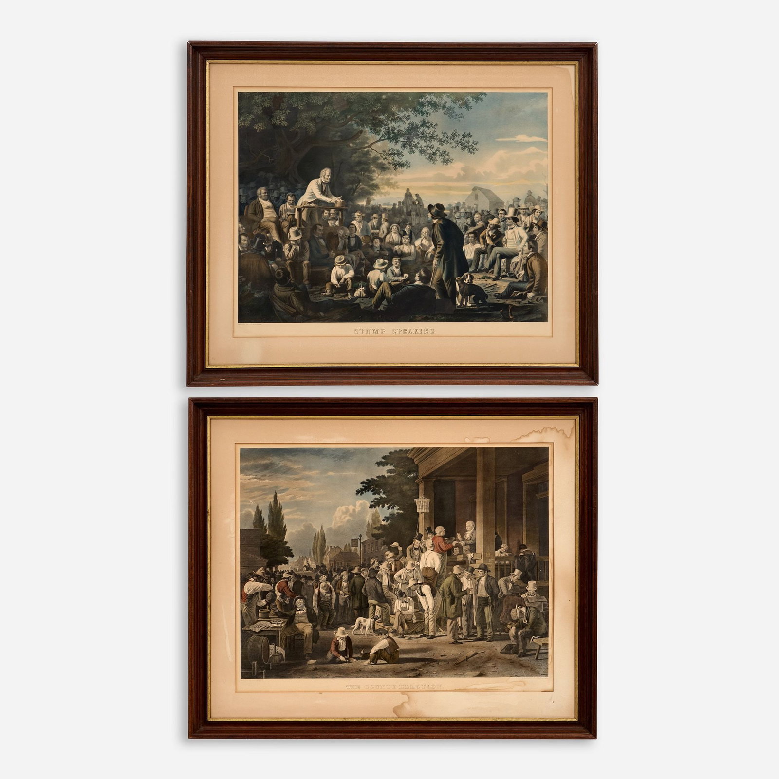 George Caleb Bingham (after) Pair of Lithographs: Two antique lithographs after the engravings of George Caleb Bingham (Missouri, 1811-1879), entitled Stump Speaking and The County Election. Each image measures 18" x 24" and each walnut fra