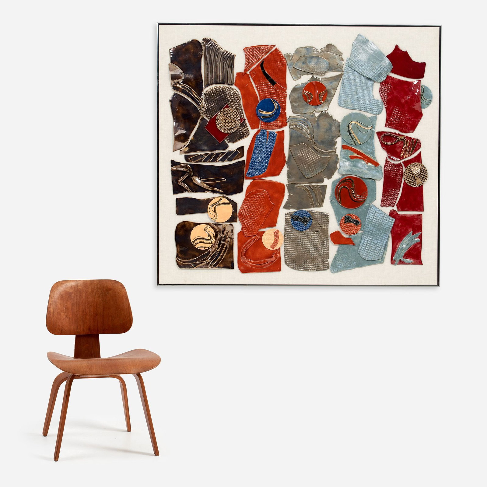 Large Claire Berman Ceramic Collage: Claire Berman Untitled Glazed ceramic slabs collaged on linen-wrapped board 50" x 54" Signed to the bottom right, and labeled to the reverse.