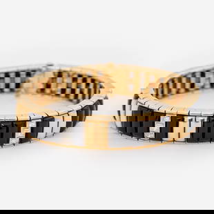 Michael Bondanza 18k Platinum Diamond + Onyx Link Bracelet: An 18k yellow gold link bracelet by Michael Bondanza with segments of black onyx, yellow gold, and princess-cut diamonds set in platinum. There is 2.07 carat total weight. Estimated retail $40,