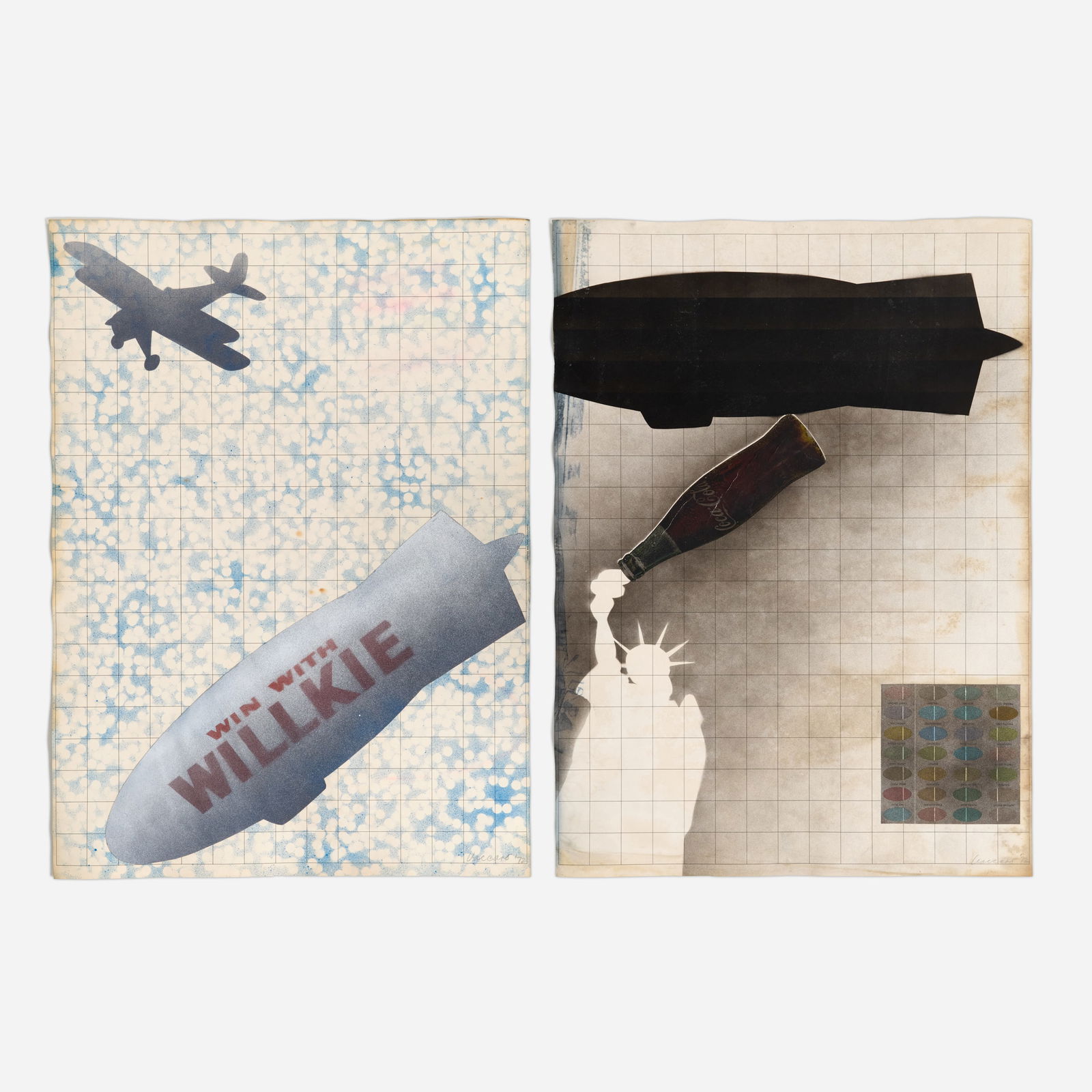 Nick Vaccaro Pair of Mixed Media Collages (1972): Nick Vaccaro (Kansas, 1931-2002) Cokespill Montana and Win With Willkie, 1972 Stenciled spray paint and paper collage on grid paper 30" x 22" (each sheet) <