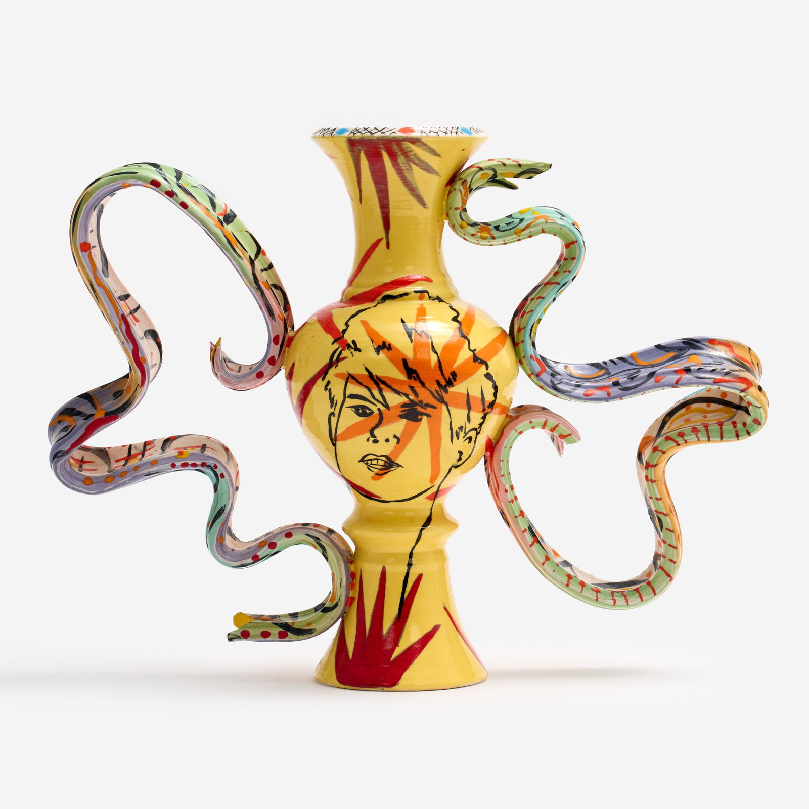 Phillip Maberry Handled Vase (1989): Phillip Maberry (California, b. 1951) Handled vase with faces, 1989 Glazed porcelain 14 1/2" x 19" x 6" Signed "M89" to the underside.