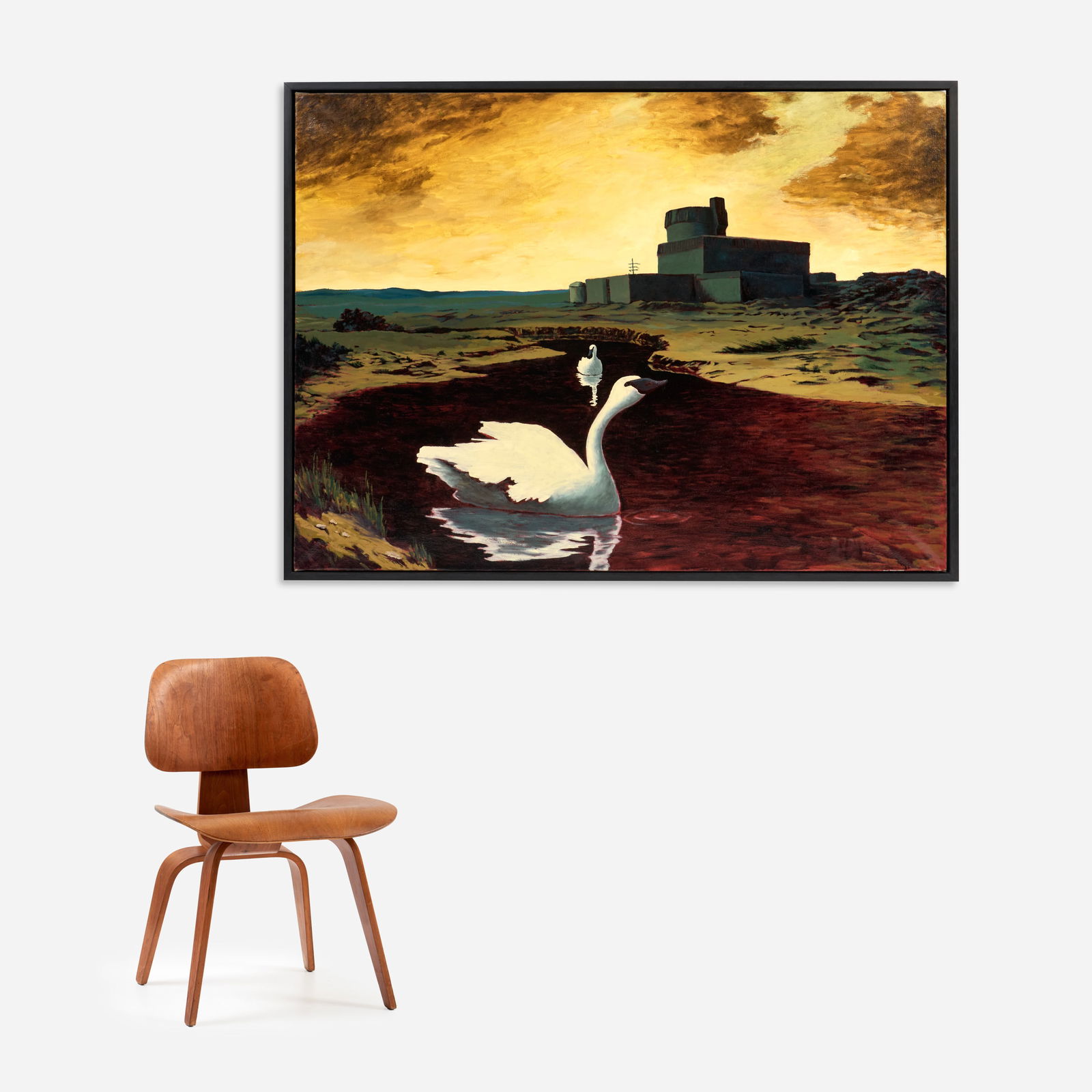 John Bowman "The Sound" Oil (1984): John Bowman (New York, b. 1953) The Sound, 1984 Oil on canvas 44" x 60" An eerie landscape with a nuclear power plant looming in the background, an unsettling yell