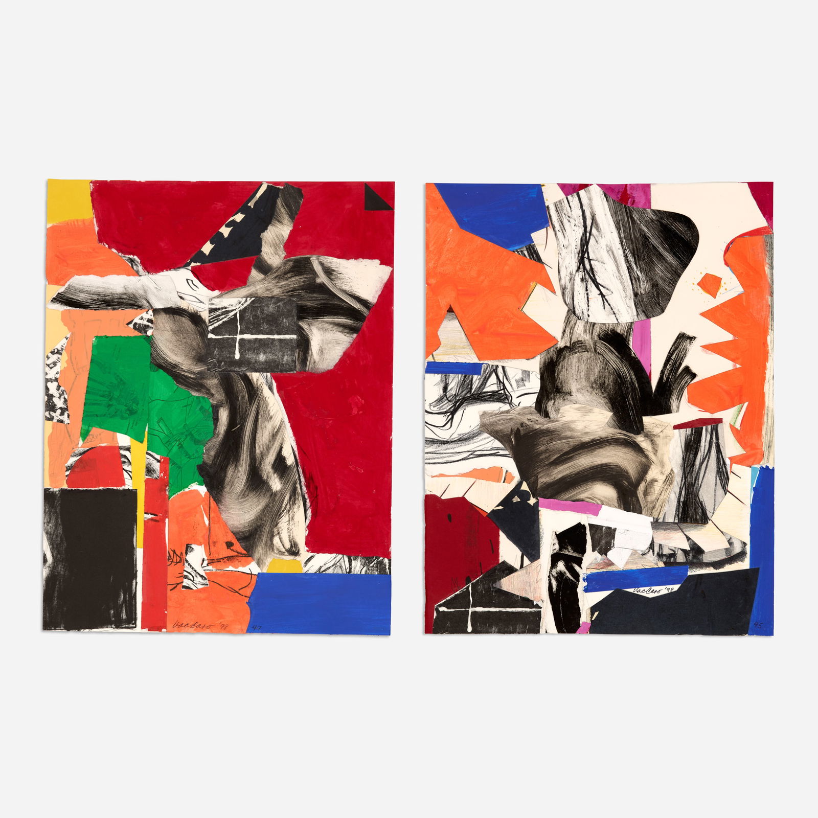 Nick Vaccaro Pair of Mixed Media Collages (1998): Nick Vaccaro (Kansas, 1931-2002) Untitled, 1998 Pair of mixed media collages 26 1/4" x 20 1/4" (each sheet) Each signed and dated along the bottom edge. Not framed. &