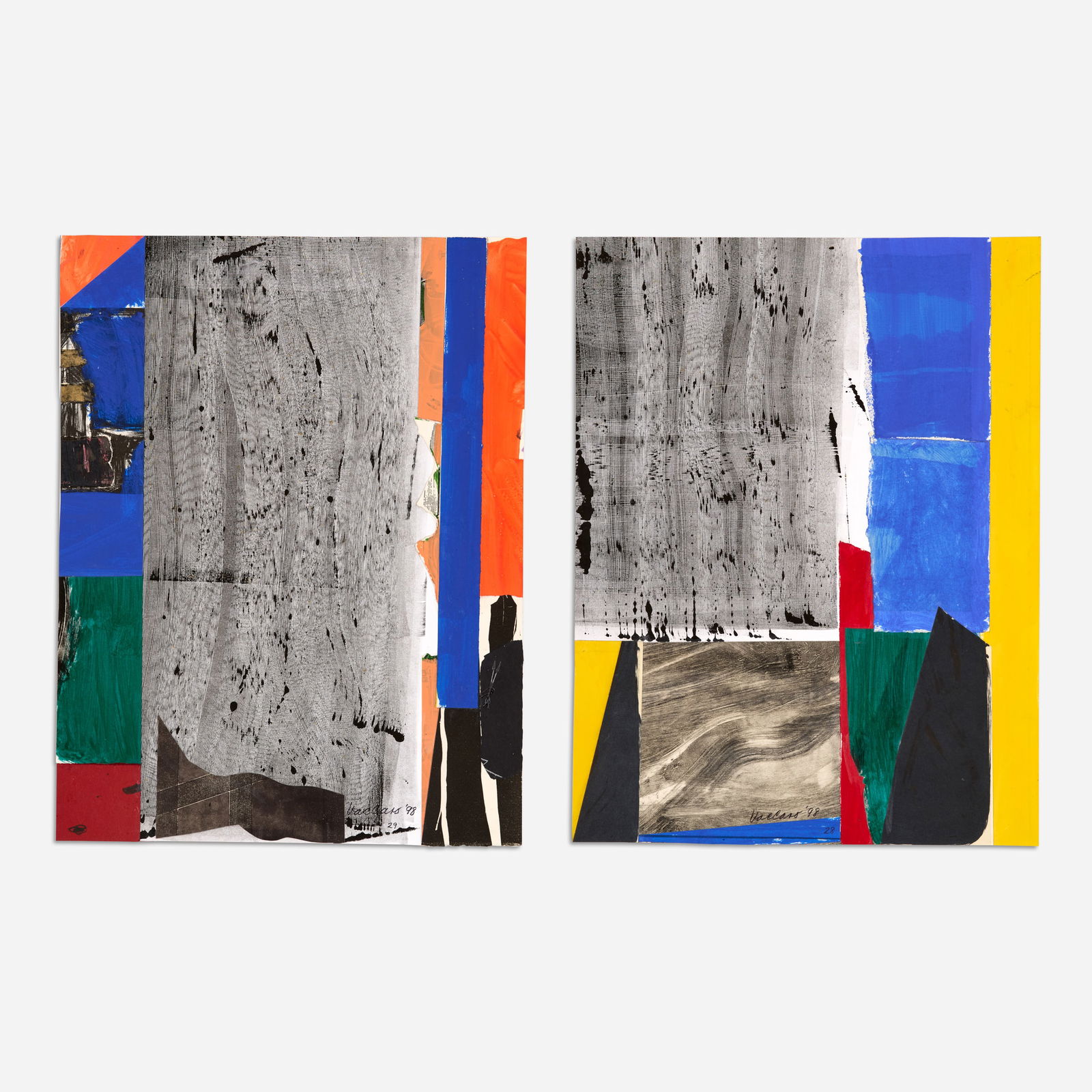 Nick Vaccaro Pair of Mixed Media Collages (1998): Nick Vaccaro (Kansas, 1931-2002) Untitled, 1998 Pair of mixed media collages 26 1/4" x 20 1/4" (each sheet) Each signed and dated along the bottom edge. Not framed. &