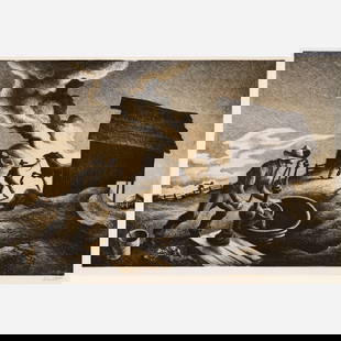 Thomas Hart Benton "Fire in the Barnyard" Lithograph (1944): Thomas Hart Benton (American, 1889-1975) Fire in the Barnyard, 1944 Lithograph on paper 8 3/4" x 13 1/2" Edition of 250 Pencil-signed to the bottom right margin. Circulated by A