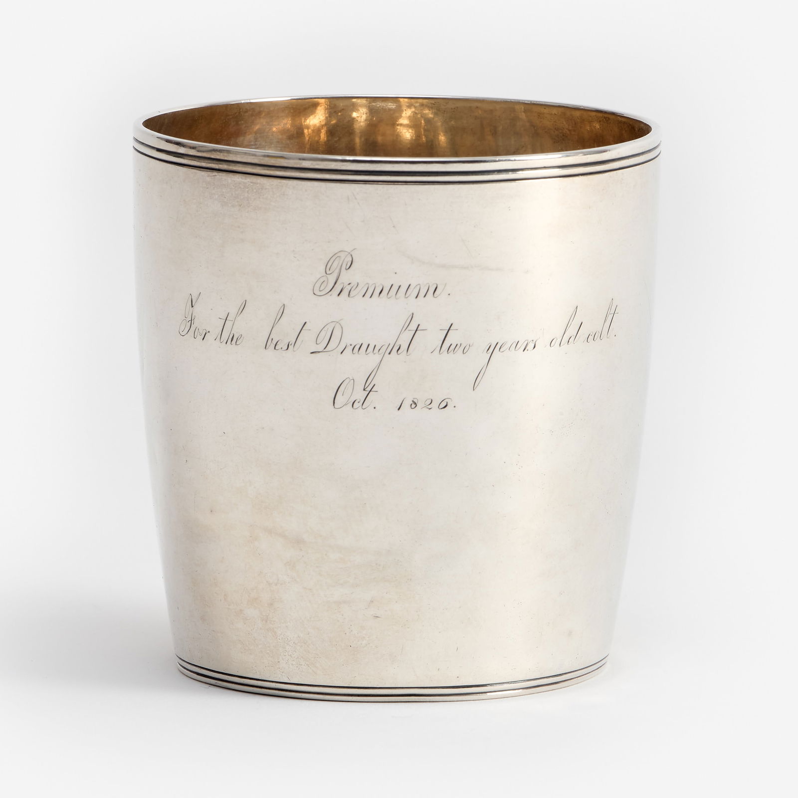 1826 Silver Julep Cup, Award for "Best Draught 2 Years Old Colt": An American coin silver mint julep cup, created by silversmith S. Robb of Steuben County. Engraved with the inscription: "Premium. / For the best Draught two years old colt. / Oct. 1826." Monogrammed