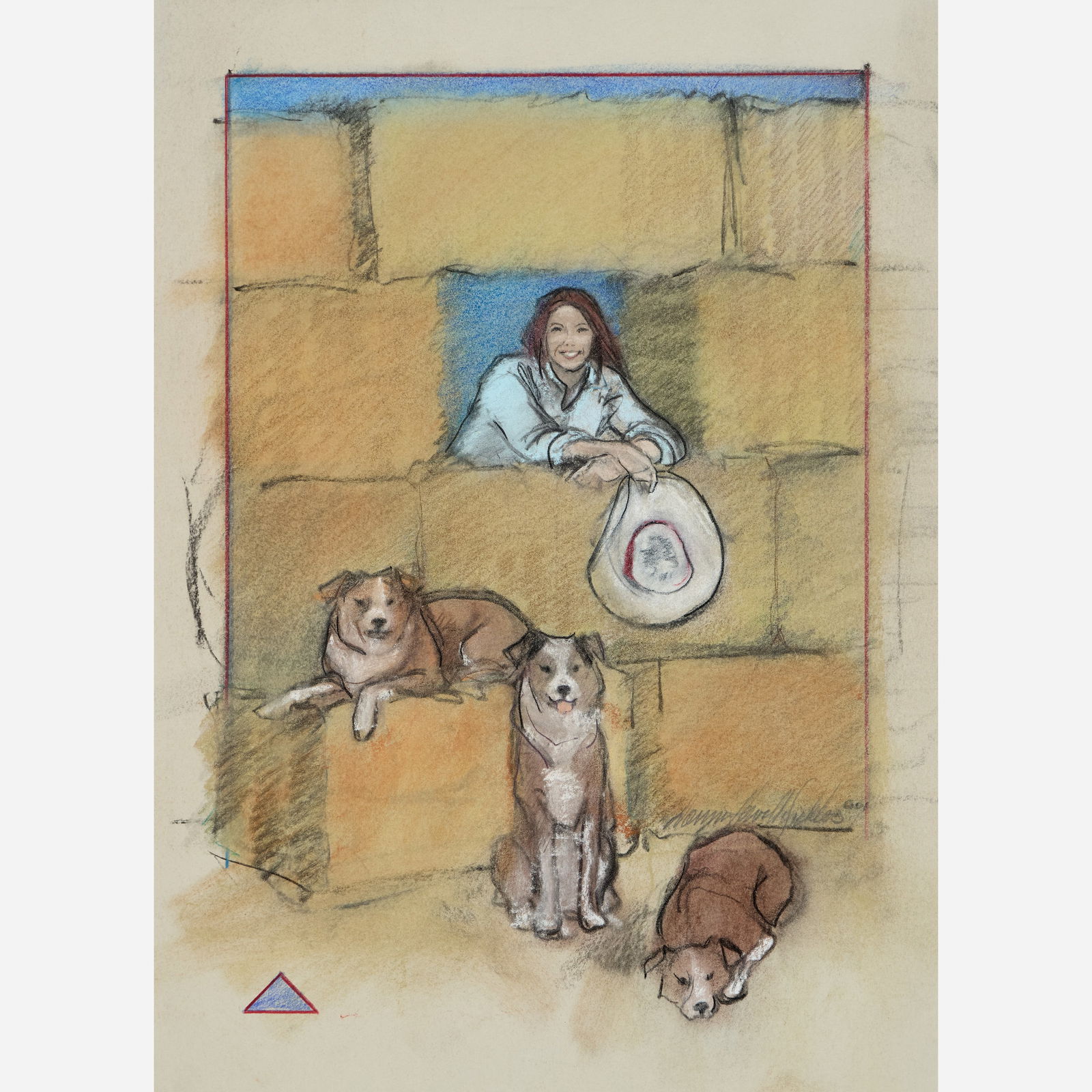 Donna Howell-Sickles "People Who Live In Straw Houses" Mixed Media (2001): Donna Howell-Sickles (Texas, b. 1949) People Who Live In Straw Houses, 2001 Mixed media on paper 15" x 11" Signed and dated to the lower right. The frame measures 21 1/2" x 17 1/4".</