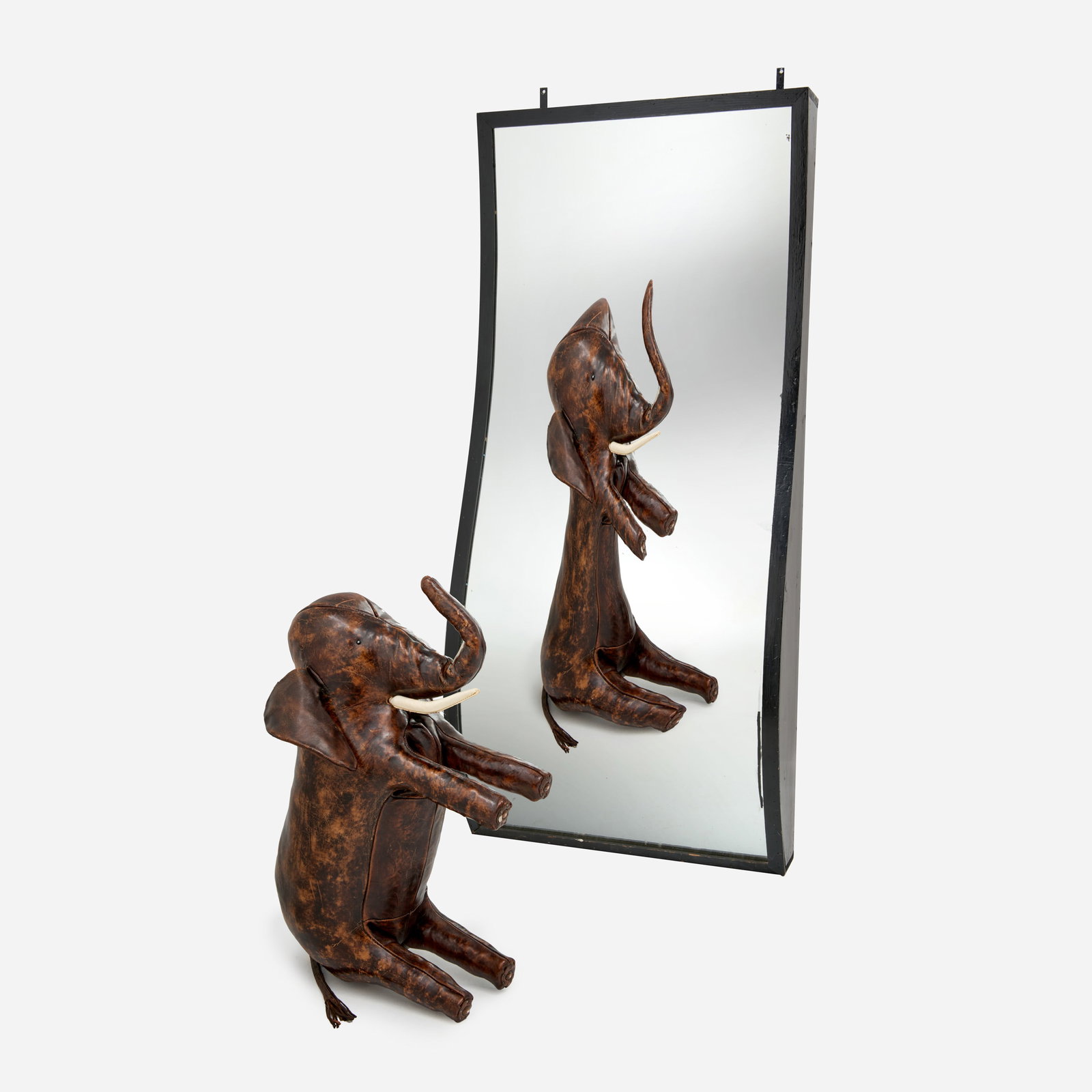 Vintage Carnival Funhouse Mirror: A vintage American carnival funhouse mirror, painted pine frame with distorted mirror glass. Measures 71" x 32" x 12".