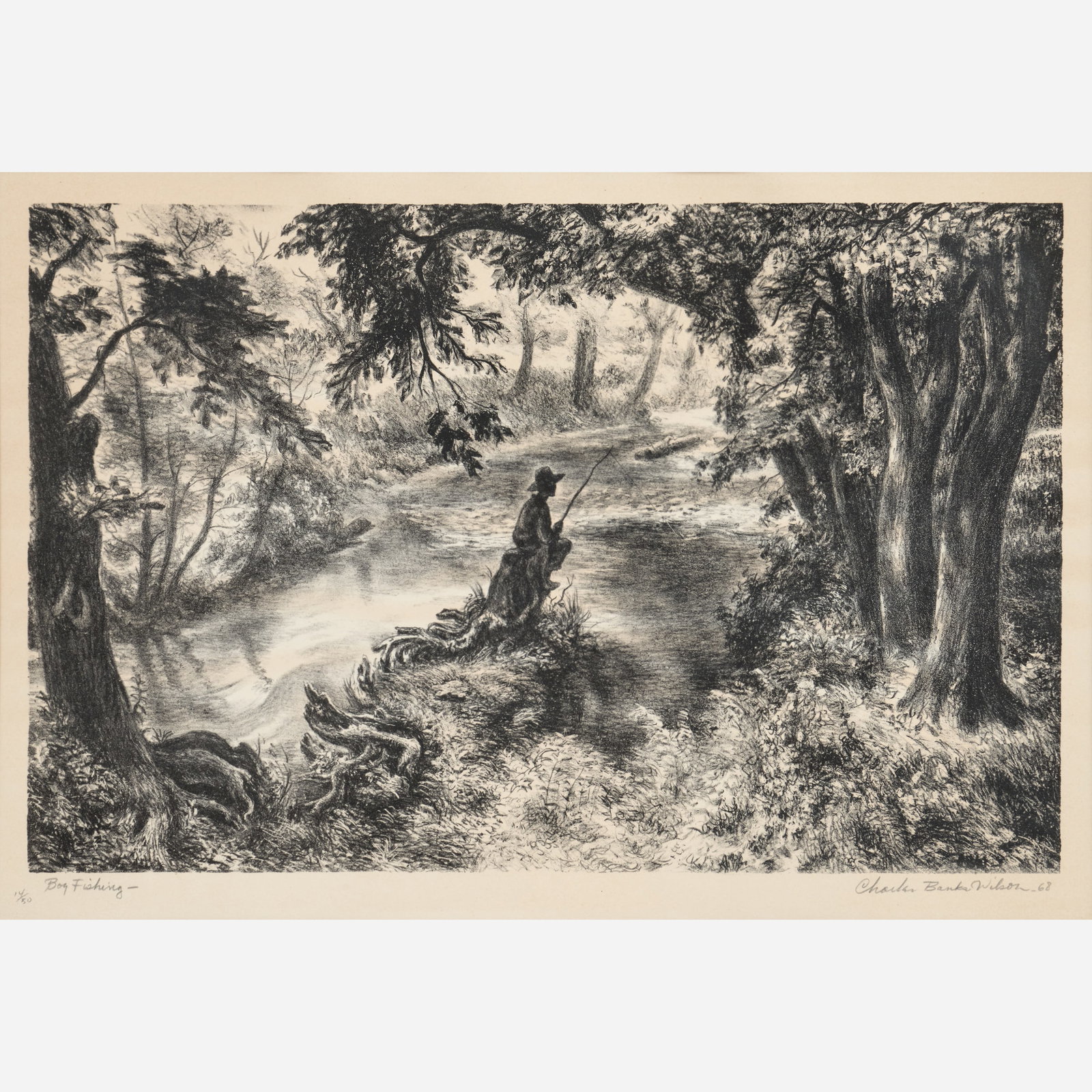 Charles Banks Wilson "Boy Fishing" Lithograph (1968): Charles Banks Wilson (Oklahoma, 1918-2013) Boy Fishing, 1968 Lithograph on paper 10 1/4" x 16" Pencil-signed, dated, titled, and numbered (14/ 50) to the bottom margin. The glazed fra