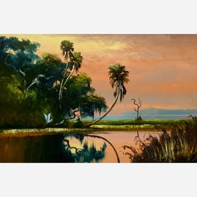 Livingston Roberts "Everglades Sunset" Oil on Upson Board