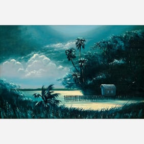 Livingston Roberts "Moonlit Dock" Oil on Upson Board