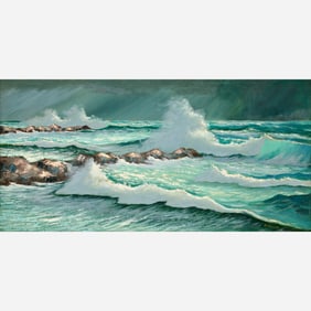 Harold Newton "Waves Crashing on Rocks [Jumbo]" Oil on Upson Board