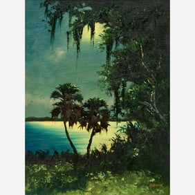 Harold Newton "Night Palms" Oil on Upson Board