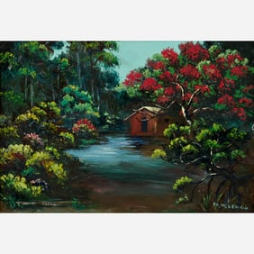 Roy McLendon "Backcountry Shack with Poinciana" Oil on Canvas