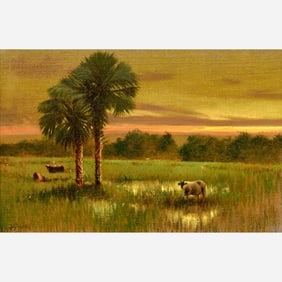 Florida School Oil on Canvas, Everglades Sunset with Sheep