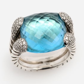 David Yurman Willow Blue Topaz Diamond Ring, Sz. 5