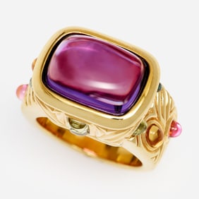 Designer 14k Amethyst Multi Gemstone Cabochon Ring, 'SF', Sz. 6