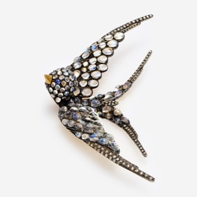 Antique Swallow Brooch w/ Moonstone, Diamonds, Sapphires
