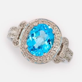 14k Swiss Blue Topaz Diamond Ring, Sz. 7, 3.5ct. topaz