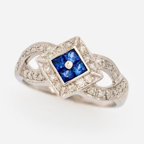14K Blue Sapphire Diamond Cut Out Ring, Sz. 7
