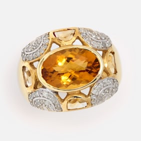 Designer 14k Citrine Diamond Wide Cocktail Ring, Sz. 7