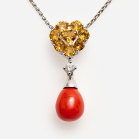 Salavetti 18k Coral, Citrine, Diamond Necklace