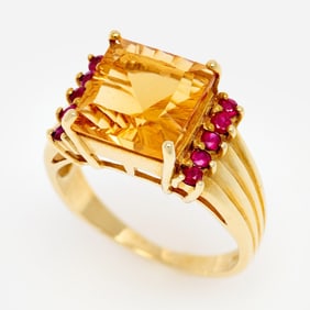 Designer 14k Fantasy Citrine w/Rubies Ring, 4 ct, Sz. 6.75