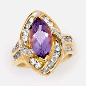 Designer 10K Amethyst + White Topaz + Diamond Ring, Sz. 7