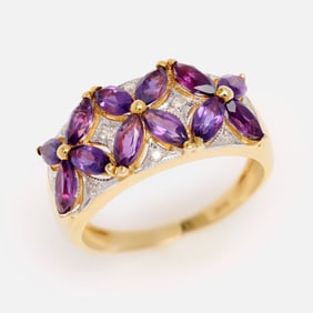 14k Amethyst Flower Ring w/ Diamonds, Sz. 6.75