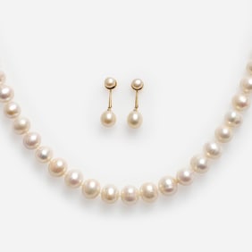 14k Pearl Necklace + 18k Pearl Stud Earrings w/ Enhancers