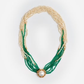 Designer 18K Mabe Pearl + Diamond Multi-Strand Seed Pearl Necklace