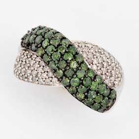 14k Green Diamond + Diamond Crossover Pave' Ring, Sz. 7