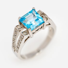 10k Blue Topaz + Diamond Split Ring, Sz. 6