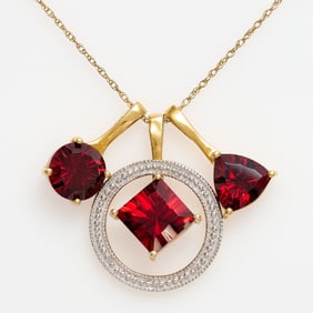 14k Necklace w/ 3 Garnet Pendants + Diamonds