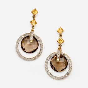 Designer 10k Smokey Topaz, Citrine + Diamond Dangle Earrings