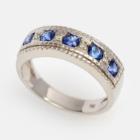 Blue Sapphire Diamond Ring Band, 9k, Sz. 6.75