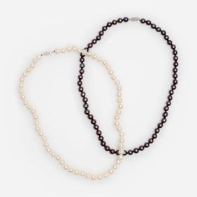 White Pearl + Black Pearl 14K Necklaces, 17.5" long.