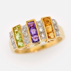 14k Wide Multi Color Gemstone Diamond Ring, Sz. 6