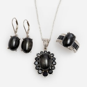 Star Diopside Black Spinel Earring + Ring + Pendant Set, Sterling, Designer