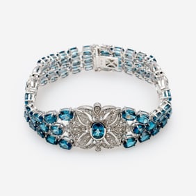 Designer London Blue Topaz 3-Strand Flower Bracelet, Sterling
