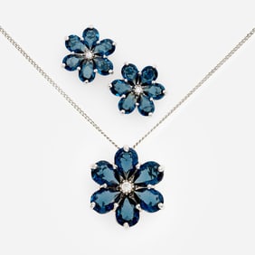 Vera Wang London Blue Topaz Flower Necklace + Earrings, Sterling